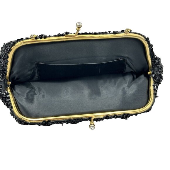 Evening Bag Black Beaded Kiss Lock Rhinestones Gold Chain Sequins See Photos Vtg - Picture 3 of 12